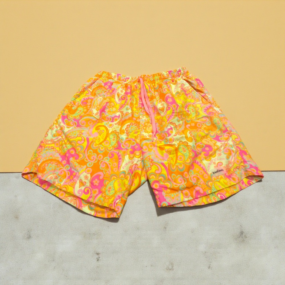 Kulani Kinies Mens Summer of Love Paisley Swim Trunks Orange Pink Yellow Large